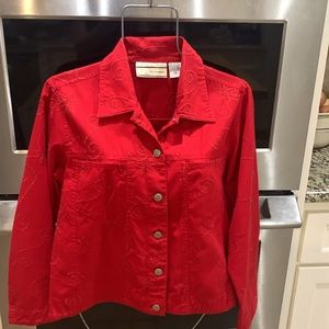 Stunning red denim like cotton jacket. Size medium fits large see measurements.